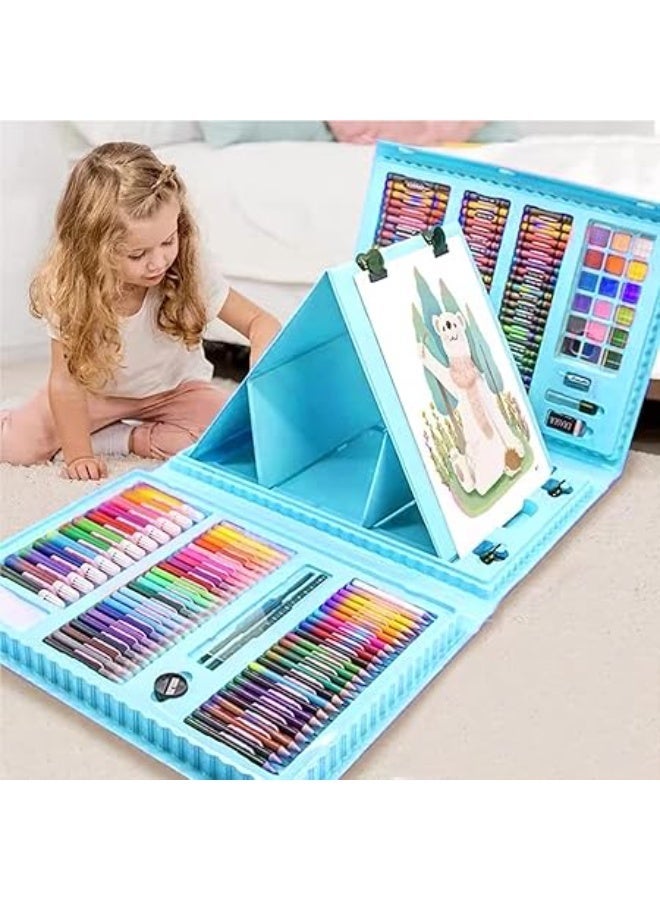 OKIKI 208 PCS Art Supplies, BRAND Drawing Art Kit for Kids Adults Art Set with Double Sided Trifold Easel, Oil Pastels, Crayons (Blue) - Image 1